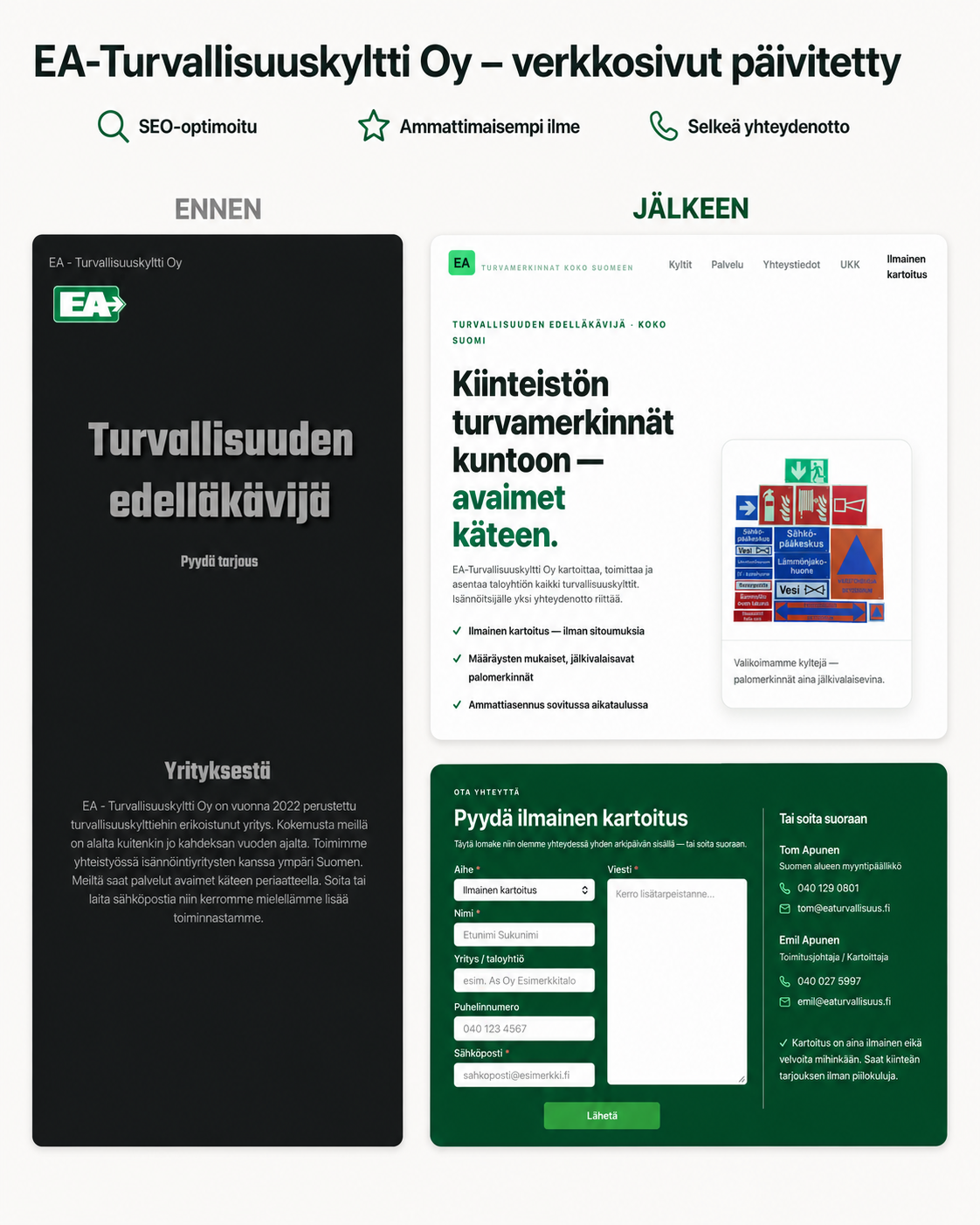 EA-Turvallisuuskyltti Oy — verkkosivut päivitetty: SEO-optimoitu, ammattimaisempi ilme, selkeä yhteydenotto